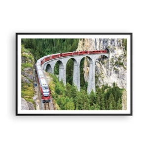 Poster in einem schwarzem Rahmen - Ein Zug auf einem malerischen Viadukt in einer Berglandschaft - 100x70cm - Eisenbahn für Bergblick - Moderne Wanddekoration für Wohnzimmer und Schlafzimmer ARTTOR
