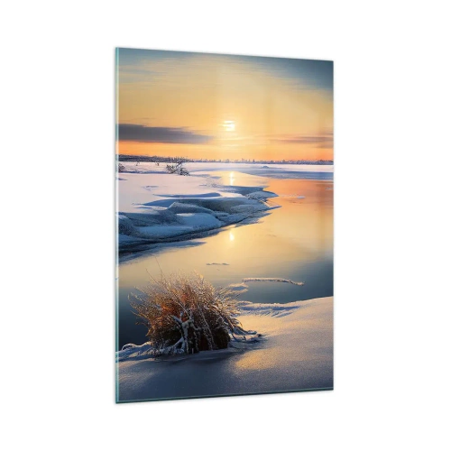 Glasbild - Bild auf glas - Winterlandschaft mit einem Fluss bei Sonnenuntergang - 80x120cm - Wintersonnenuntergang - Moderne Wanddekoration für Wohnzimmer und Schlafzimmer ARTTOR
