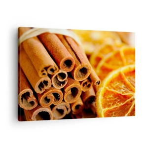Bild auf Leinwand - Leinwandbild - Zimtstangen mit getrockneten Orangenscheiben in warmen Farben - 70x50cm - Kannst du ihr Aroma riechen? - Moderne Wanddekoration für Wohnzimmer und Schlafzimmer ARTTOR