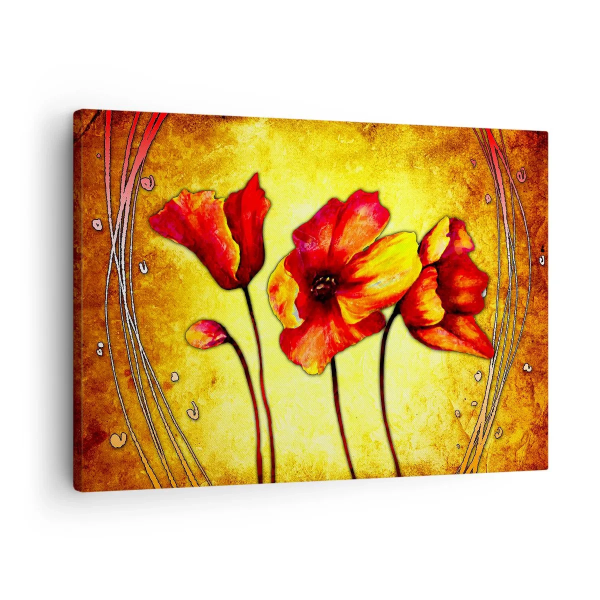 Bild auf Leinwand - Leinwandbild - Rote und gelbe Blumen auf goldenem Hintergrund mit dekorativen Mustern - 70x50cm - In Jugendstil-Dekorationen - Moderne Wanddekoration für Wohnzimmer und Schlafzimmer ARTTOR