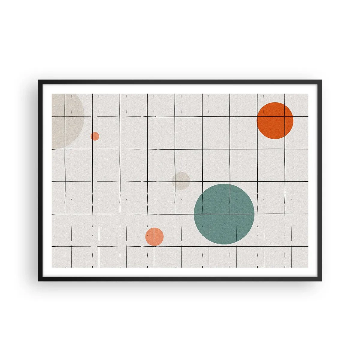 Poster in einem schwarzem Rahmen - Abstrakte farbige Kreise auf einem geometrischen Gitterhintergrund - 100x70cm - Gefangen. Wir oder sie? - Moderne Wanddekoration für Wohnzimmer und Schlafzimmer ARTTOR