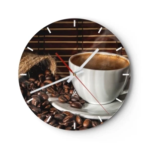 Wanduhr - Glasuhr - Eine Tasse Kaffee und verstreute Bohnen auf einem Bambus-Hintergrund - 30x30cm - Die Schwärze von Kohle, die Klarheit von Bernstein - Moderne Wanddekoration für Wohnzimmer, Küche und Schlafzimmer ARTTOR