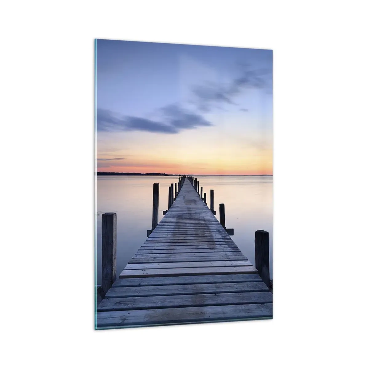 Glasbild - Bild auf glas - Holzsteg am See bei Sonnenuntergang - 80x120cm - Die Ruhe einer heiteren Dämmerung - Moderne Wanddekoration für Wohnzimmer und Schlafzimmer ARTTOR