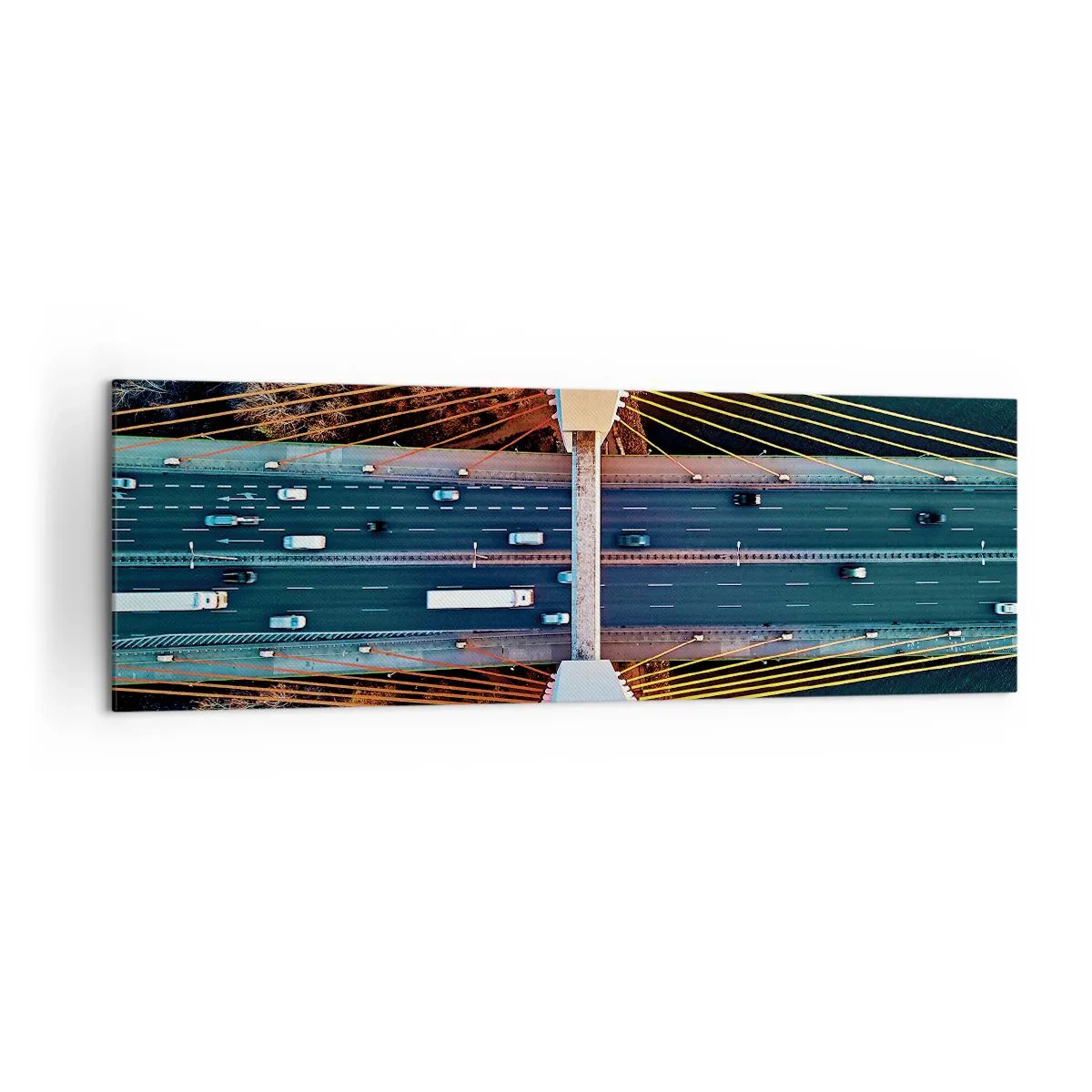 Bild auf Leinwand - Leinwandbild - Luftaufnahme der Brücke über den Fluss und der Herbstlandschaft - 160x50cm - Jenseits der Gewässer, jenseits der Wälder - Moderne Wanddekoration für Wohnzimmer und Schlafzimmer ARTTOR