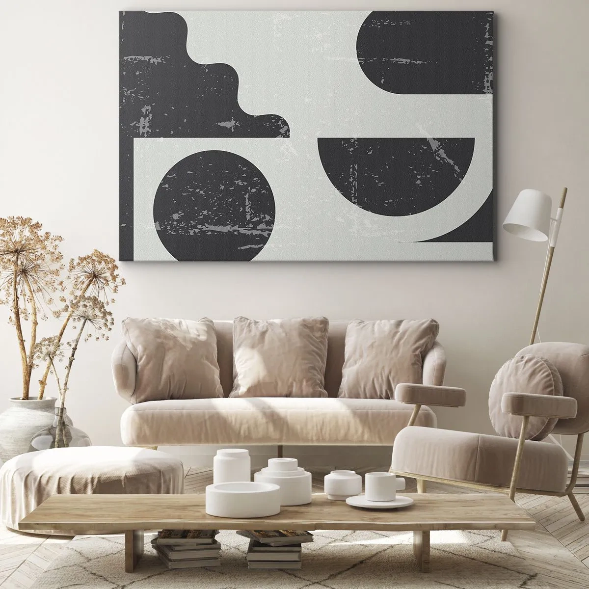 Bild auf Leinwand - Leinwandbild - Geometrische Muster in Schwarz- und Grautönen - 100x70cm - Komposition oben und unten - Moderne Wanddekoration für Wohnzimmer und Schlafzimmer ARTTOR