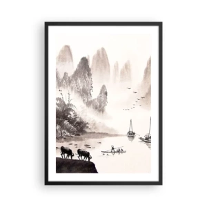 Poster in einem schwarzem Rahmen - Chinesische Landschaft im traditionellen Stil - 50x70cm - Der exotische Alltag des Ostens - Moderne Wanddekoration für Wohnzimmer und Schlafzimmer ARTTOR