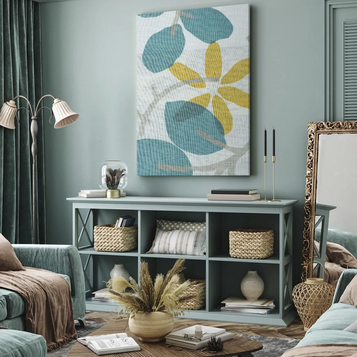 Bild auf Leinwand - Leinwandbild - Blätter in Türkis- und Gelbtönen auf hellem Hintergrund - 80x120cm - Unter den azurblauen Blättern - Moderne Wanddekoration für Wohnzimmer und Schlafzimmer ARTTOR