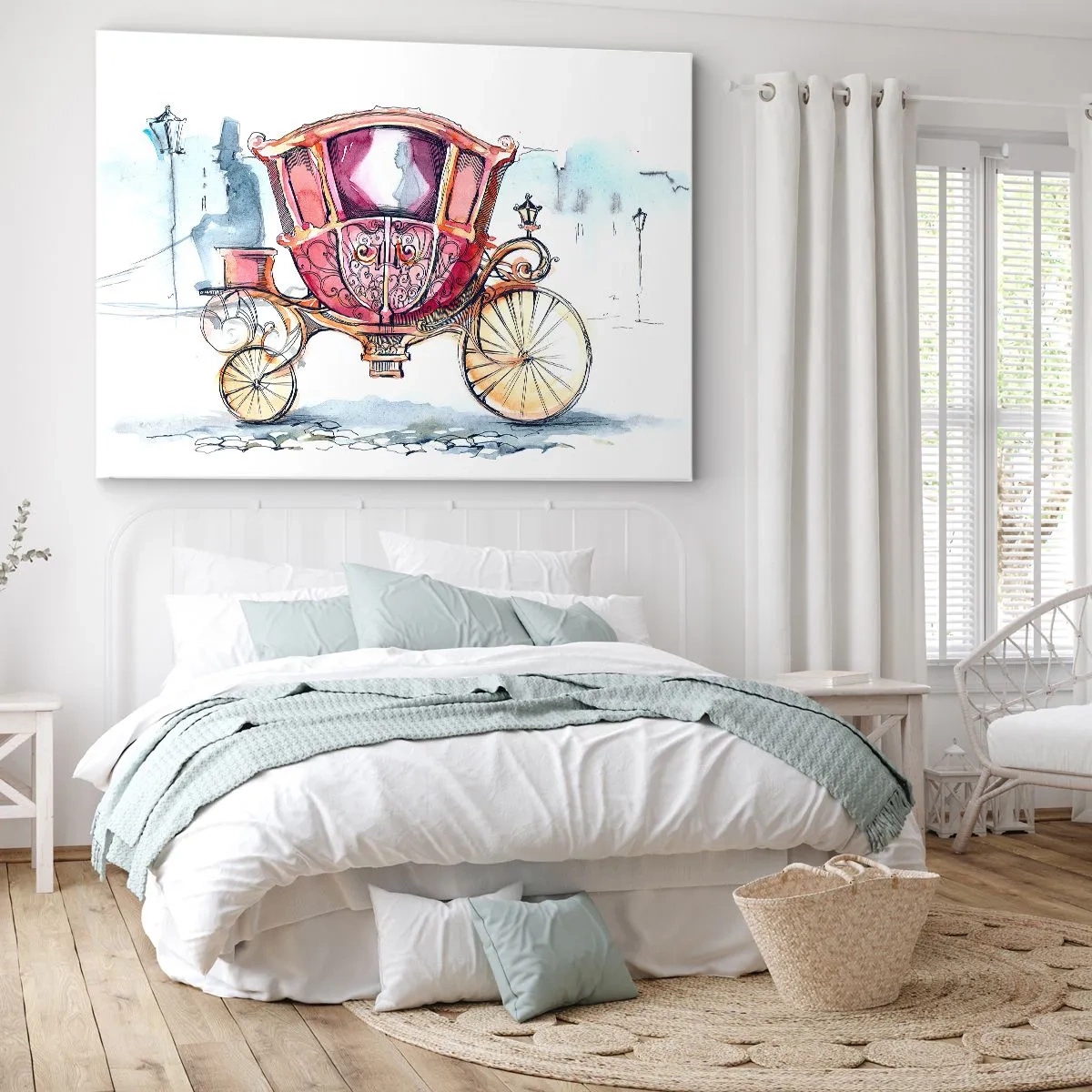 Bild auf Leinwand - Leinwandbild - Eine stilvolle Illustration einer antiken Kutsche in Pastellfarben. - 70x50cm - Zur Hochzeit oder zum Abschlussball? - Moderne Wanddekoration für Wohnzimmer und Schlafzimmer ARTTOR