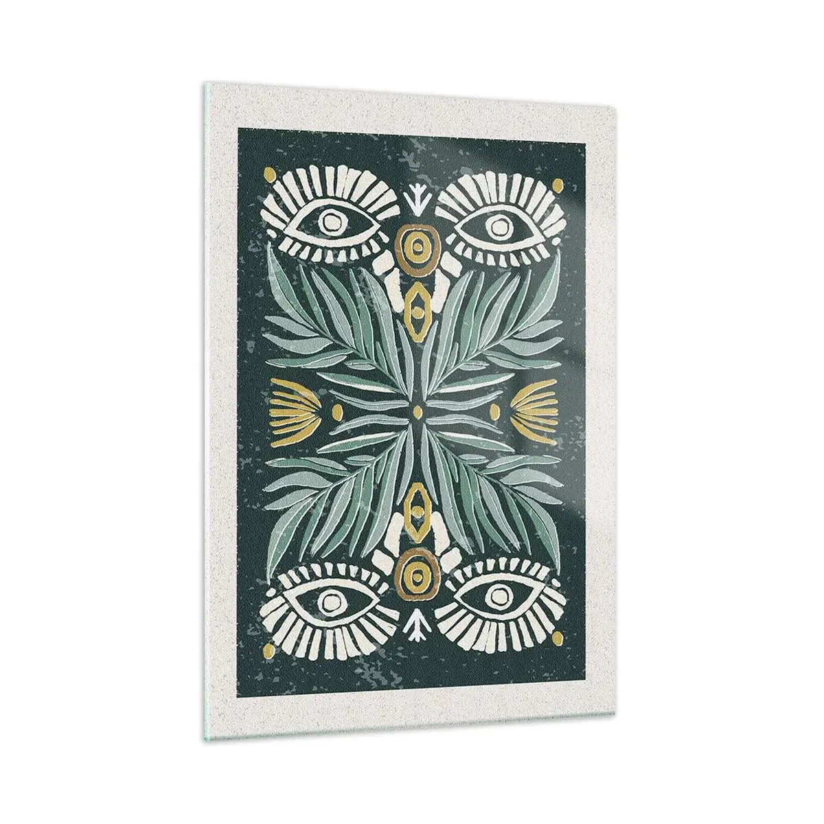 Glasbild - Bild auf glas - Eine symmetrische Komposition aus Blättern und Mustern im Folk-Stil - 50x70cm - Wie ein Volksausschnitt - Moderne Wanddekoration für Wohnzimmer und Schlafzimmer ARTTOR