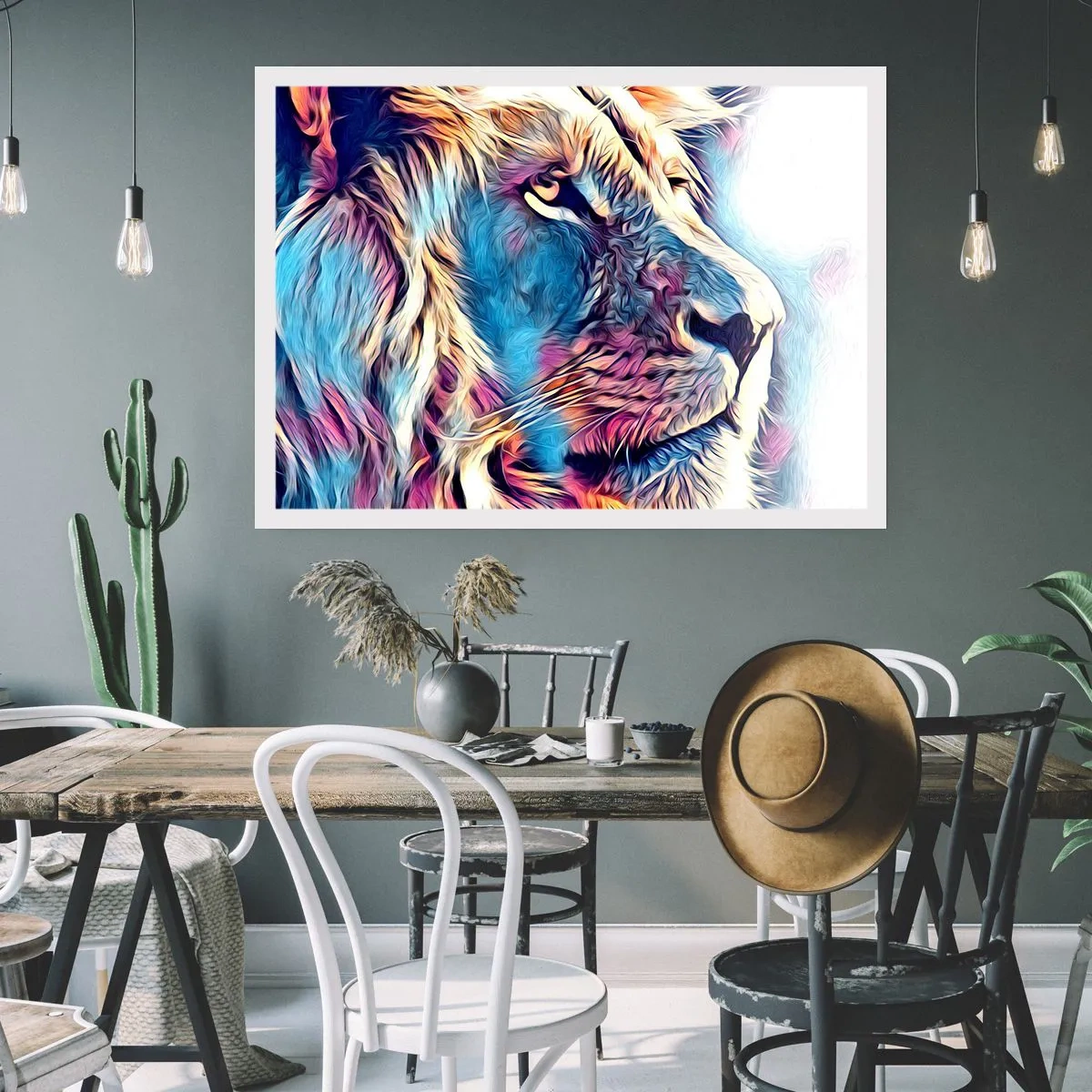 Poster - Porträt eines Löwen in lebendigen, abstrakten Farben - 100x70cm - Die Weisheit der Natur - Moderne Wanddekoration für Wohnzimmer und Schlafzimmer ARTTOR