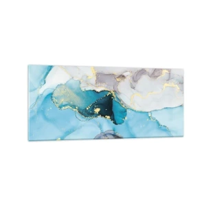 Glasbild - Bild auf glas - Abstraktion in Blau- und Goldtönen mit subtilen Linien - 120x50cm - Eine Studie über das Zusammentreffen von Grau und Türkis - Moderne Wanddekoration für Wohnzimmer und Schlafzimmer ARTTOR