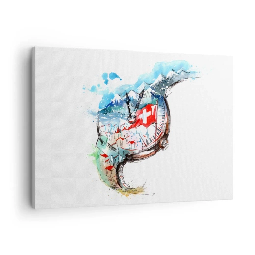 Bild auf Leinwand - Leinwandbild - Eine Aquarelllandschaft der Schweiz im Uhrwerk-Design - 70x50cm - Der Geist der Schweiz - Moderne Wanddekoration für Wohnzimmer und Schlafzimmer ARTTOR