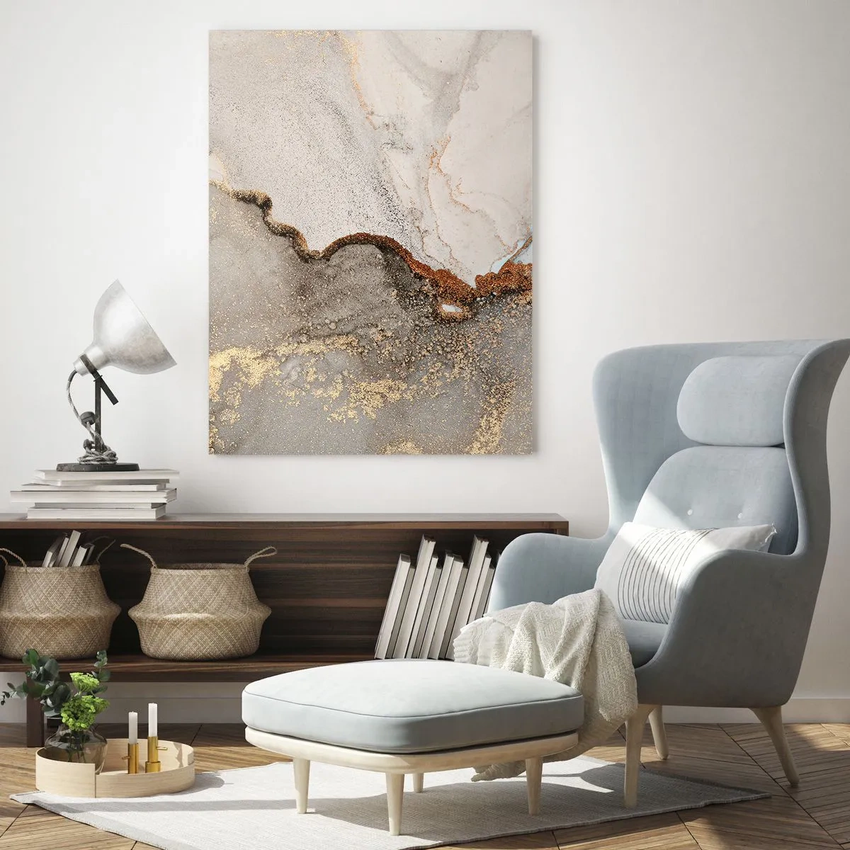 Glasbild - Bild auf glas - Abstraktes Motiv mit Gold- und Grautönen - 70x100cm - An der Grenze der Farben - Moderne Wanddekoration für Wohnzimmer und Schlafzimmer ARTTOR