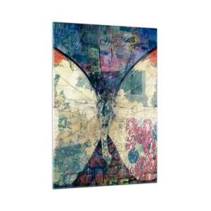 Glasbild - Bild auf glas - Ein bunter Schmetterling auf einem abstrakten Hintergrund in Blau- und Orangetönen. - 50x70cm - Subtile Zerbrechlichkeit - Moderne Wanddekoration für Wohnzimmer und Schlafzimmer ARTTOR