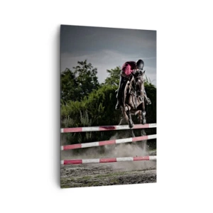 Bild auf Leinwand - Leinwandbild - Ein Reiter auf einem Pferd springt über ein Hindernis auf einer Rennbahn - 80x120cm - Gemeinsam zum Sieg - Moderne Wanddekoration für Wohnzimmer und Schlafzimmer ARTTOR