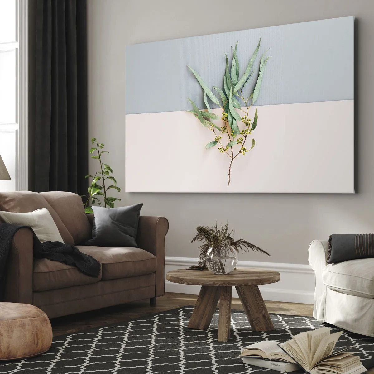 Bild auf Leinwand - Leinwandbild - Ein Zweig mit Blättern auf einem Hintergrund in Pastelltönen - 120x80cm - Pastellige Subtilität - Moderne Wanddekoration für Wohnzimmer und Schlafzimmer ARTTOR