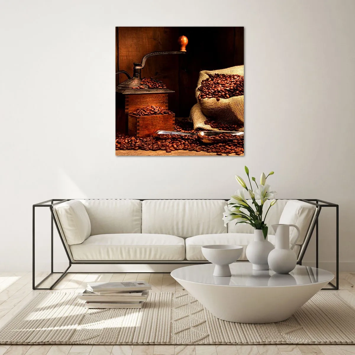 Glasbild - Bild auf glas - Stillleben mit Kaffeebohnen und einer Mühle - 70x70 cm