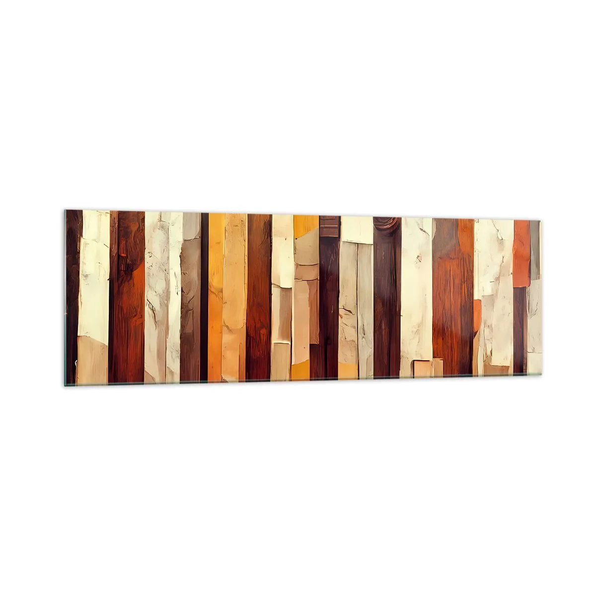 Glasbild - Bild auf glas - Geometrische Komposition in Holz- und Goldtönen - 160x50cm - Hymne der Waldbäume - Moderne Wanddekoration für Wohnzimmer und Schlafzimmer ARTTOR