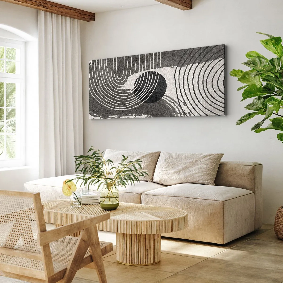 Bild auf Leinwand - Leinwandbild - Geometrische Linien und Ovale in monochromen Farbtönen - 160x50cm - Oval gewinnt - Moderne Wanddekoration für Wohnzimmer und Schlafzimmer ARTTOR
