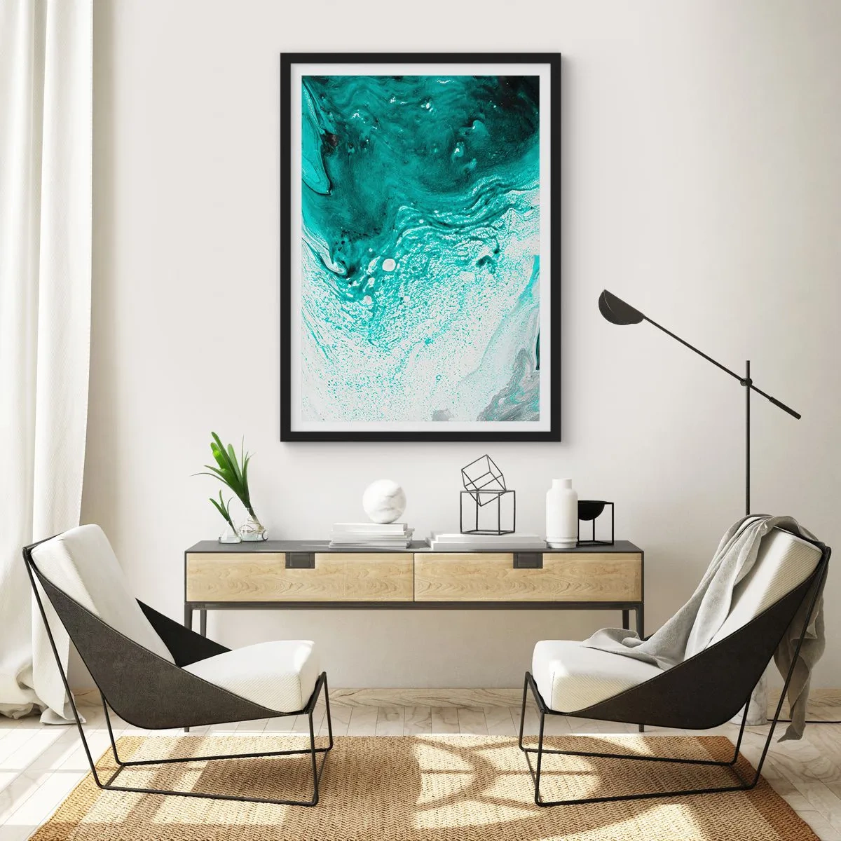 Poster in einem schwarzem Rahmen - Abstraktes Muster in Türkis und Weiß - 50x70cm - Verschmelzen in Weiß und Türkis - Moderne Wanddekoration für Wohnzimmer und Schlafzimmer ARTTOR