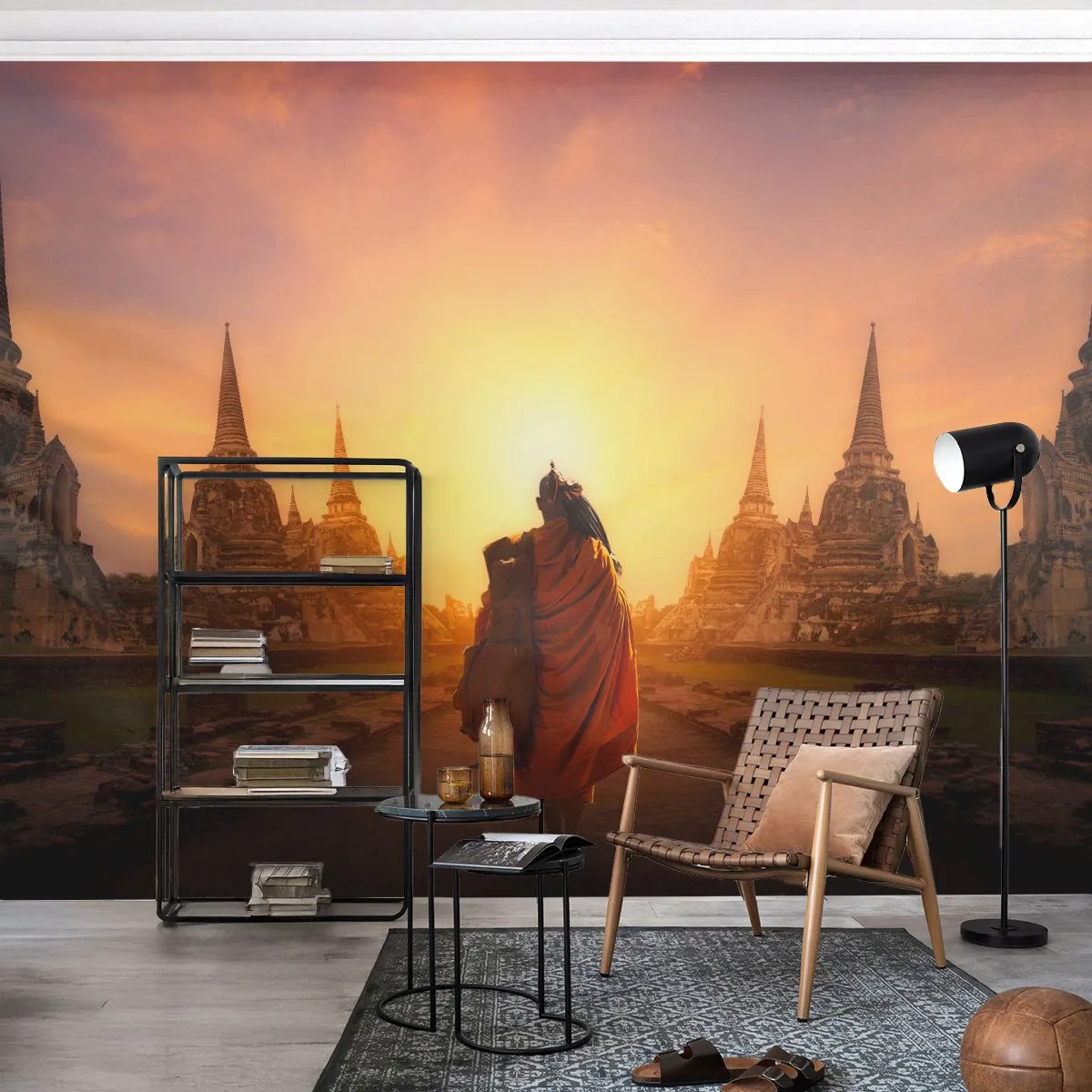 Fototapete Premium Sand - Mönch in einem Tempel bei Sonnenuntergang - 100x70cm - In Frieden für die Ewigkeit - Moderne Wanddekoration für Wohnzimmer und Schlafzimmer ARTTOR