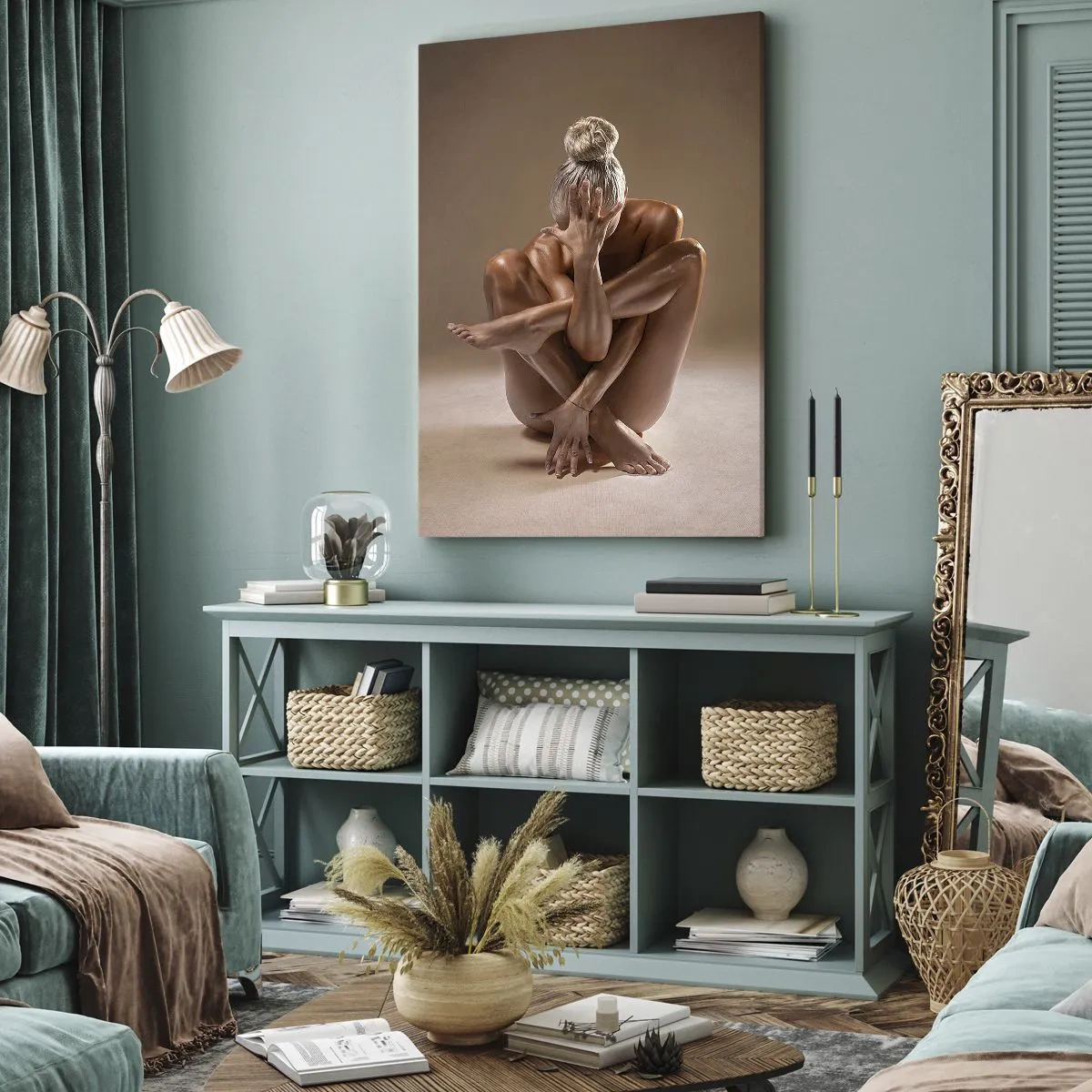 Bild auf Leinwand - Leinwandbild - Künstlerische Silhouette einer Frau auf beigem Hintergrund - 80x120cm - Die Einheit von Körper und Geist - Moderne Wanddekoration für Wohnzimmer und Schlafzimmer ARTTOR