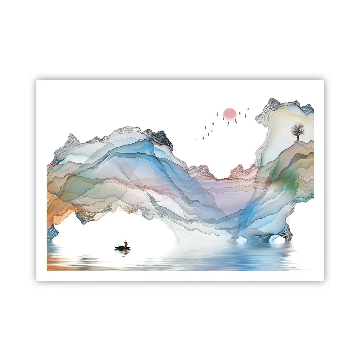 Poster - Eine subtile Landschaft mit Bergen, Wasser und einem Boot - 100x70cm - Zu den Kristallbergen - Moderne Wanddekoration für Wohnzimmer und Schlafzimmer ARTTOR