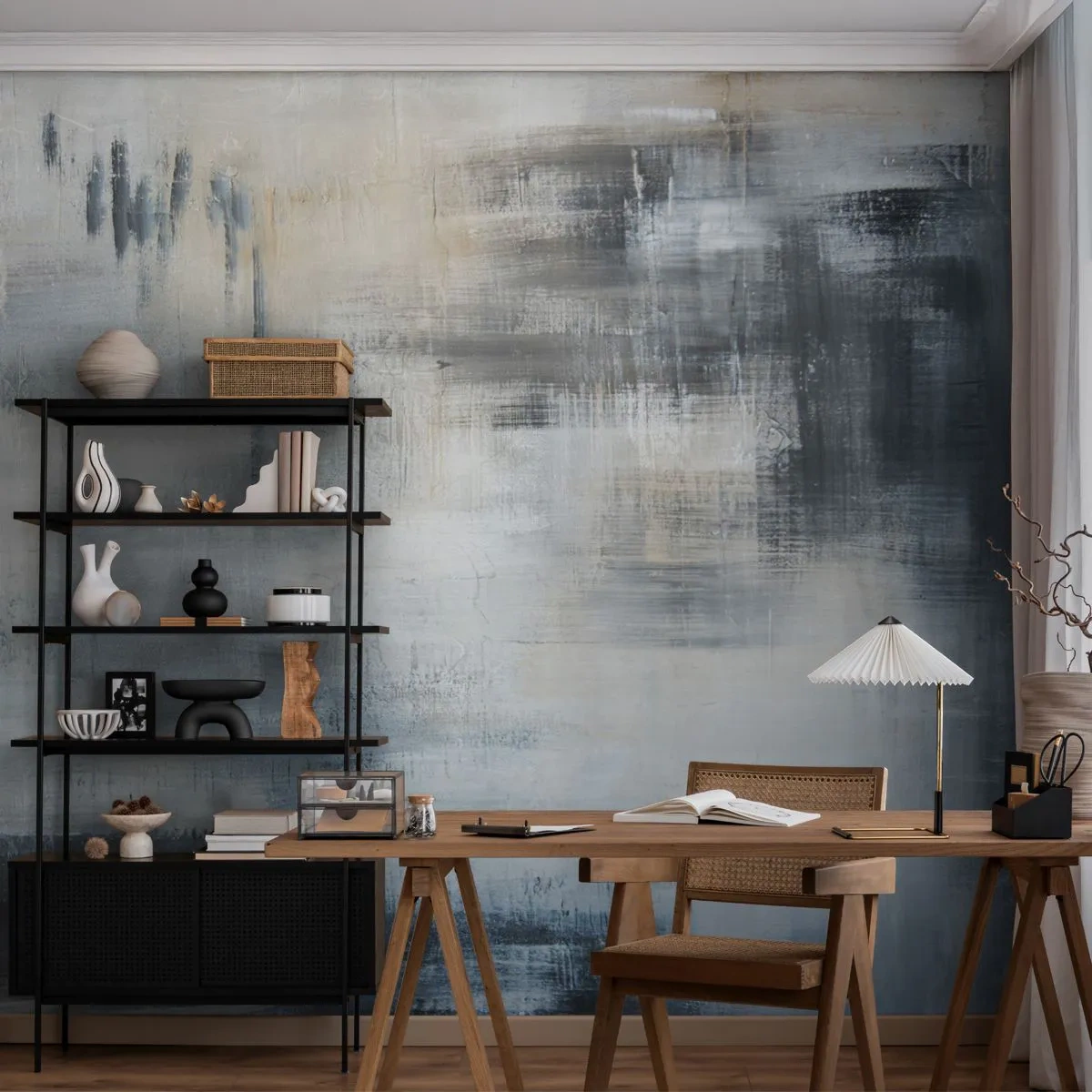 Fototapete Premium Sand - Hinter dem blauen Vorhang - Stück, Abstraktion, Industriell - 400x280 cm