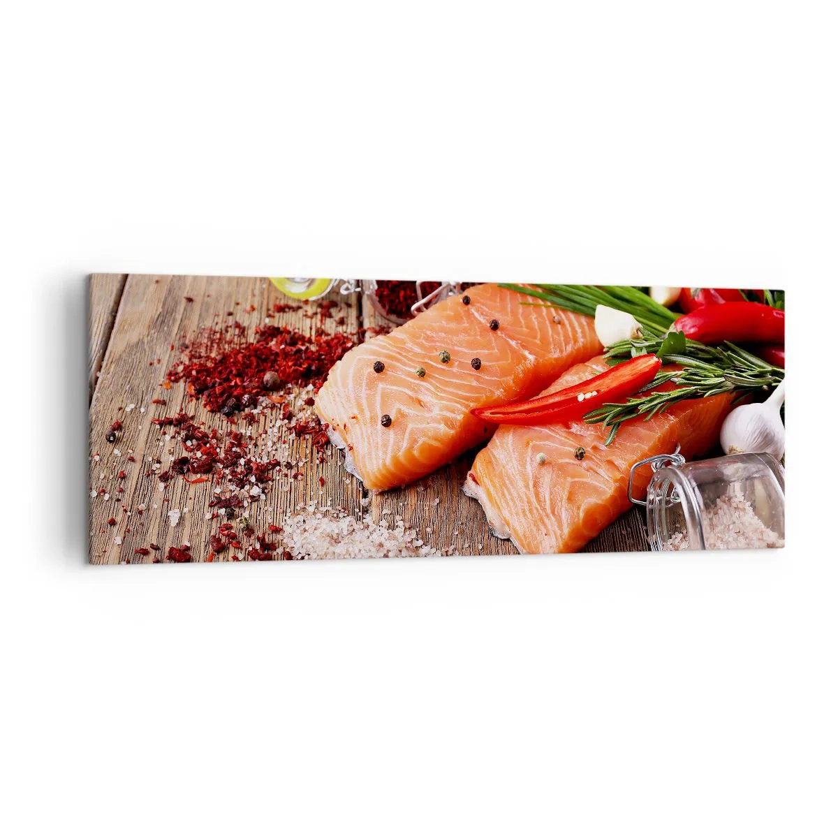 Bild auf Leinwand - Leinwandbild - Lachsfilets mit Gewürzen auf Holzhintergrund - 140x50cm - Norwegisches Abenteuer in der Küche - Moderne Wanddekoration für Wohnzimmer und Schlafzimmer ARTTOR