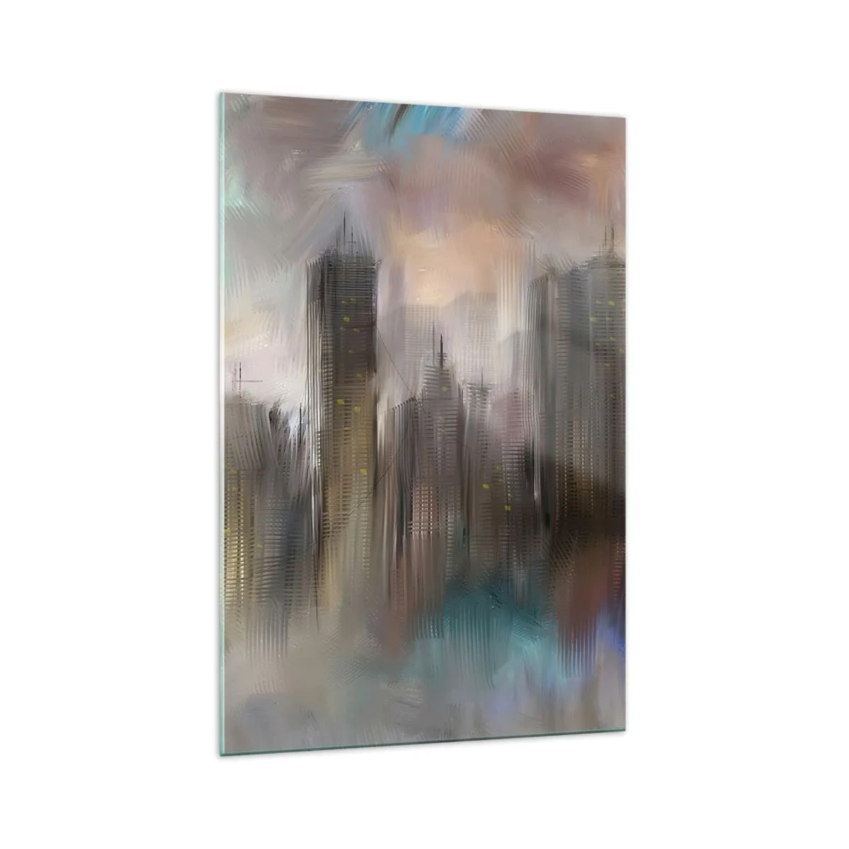 Glasbild - Bild auf glas - Eine künstlerische Vision einer Stadtlandschaft mit Wolkenkratzern in Pastellfarben. - 70x100cm - Eine Komposition aus Stahl, Stein und Nebel - Moderne Wanddekoration für Wohnzimmer und Schlafzimmer ARTTOR