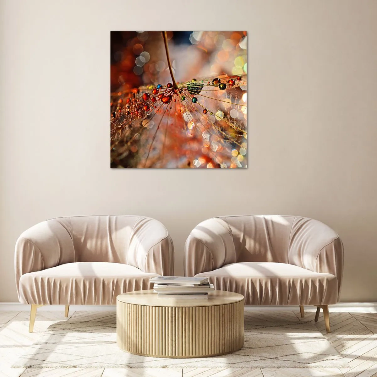 Glasbild - Bild auf glas - Auf einem Spinnenfaden aufgefädelt - 60x60 cm