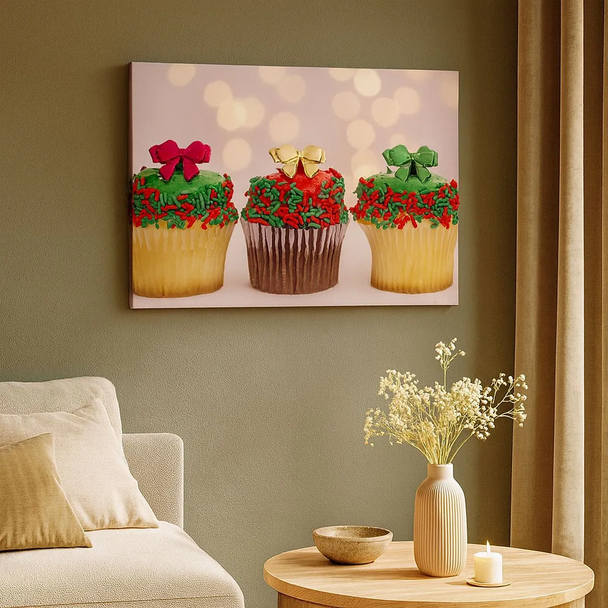 Bild auf Leinwand - Leinwandbild - Weihnachts-Cupcakes mit bunten Streuseln und Schleifen - 70x50cm - Süßigkeiten bis zu der Schleife - Moderne Wanddekoration für Wohnzimmer und Schlafzimmer ARTTOR