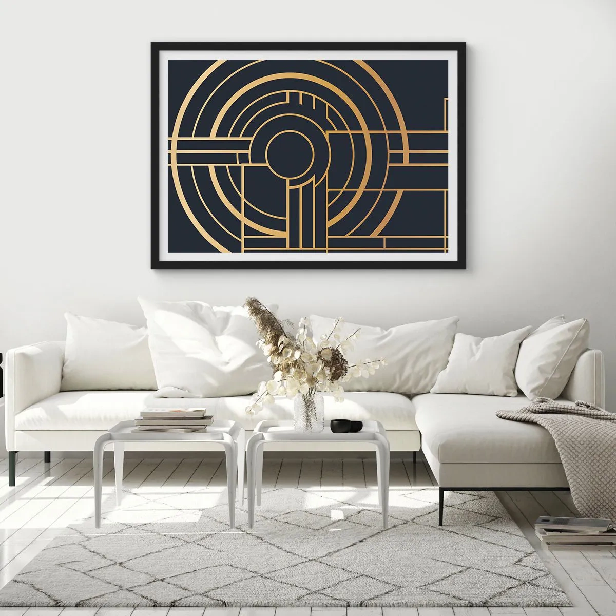 Poster in einem schwarzem Rahmen - Geometrisches Muster mit goldenen Linien - 70x50cm - Wendungen der Dinge - Moderne Wanddekoration für Wohnzimmer und Schlafzimmer ARTTOR