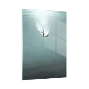 Glasbild - Bild auf glas - Die Silhouette eines Mannes, eingetaucht in die blauen Tiefen des Ozeans - 50x70cm - In den Armen des Ozeans - Moderne Wanddekoration für Wohnzimmer und Schlafzimmer ARTTOR