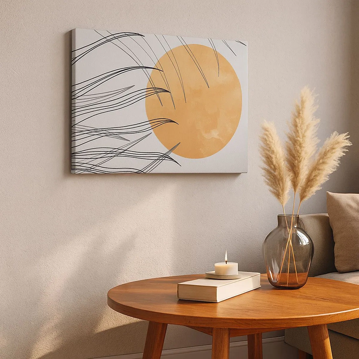 Bild auf Leinwand - Leinwandbild - Abstrakte Grashalme vor dem Hintergrund einer großen orangefarbenen Sonne - 70x50cm - Immer der Sonne entgegen - Moderne Wanddekoration für Wohnzimmer und Schlafzimmer ARTTOR