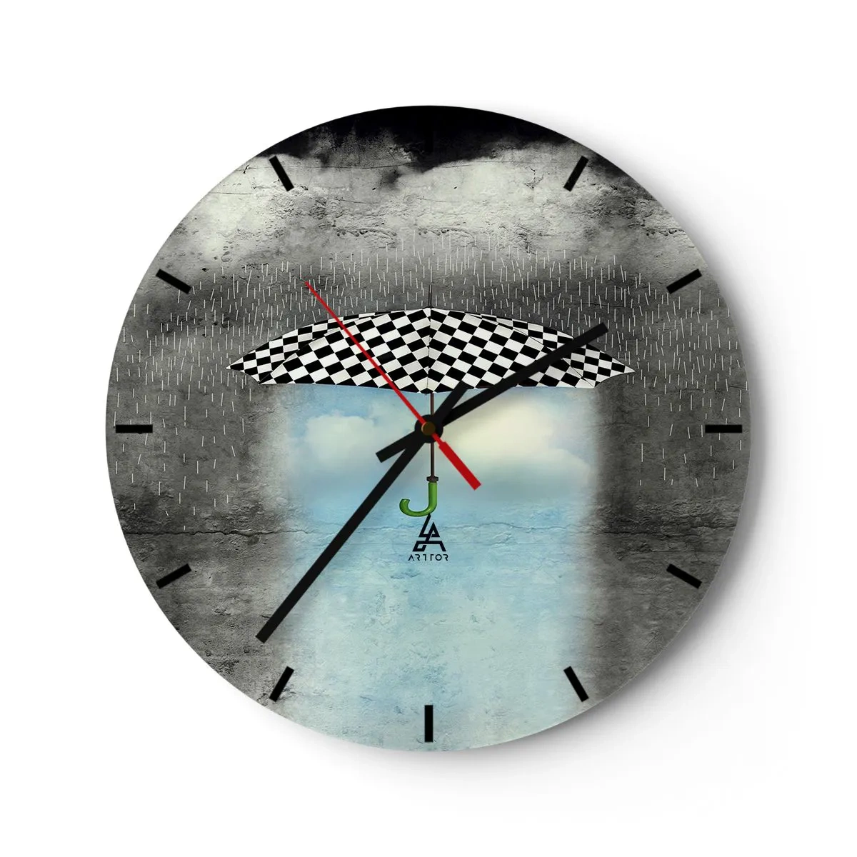 Wanduhr - Glasuhr - Ein schwarz-weiß karierter Regenschirm vor dem Hintergrund von Regenwolken und blauem Himmel. - 30x30cm - Aber möglich - Moderne Wanddekoration für Wohnzimmer, Küche und Schlafzimmer ARTTOR