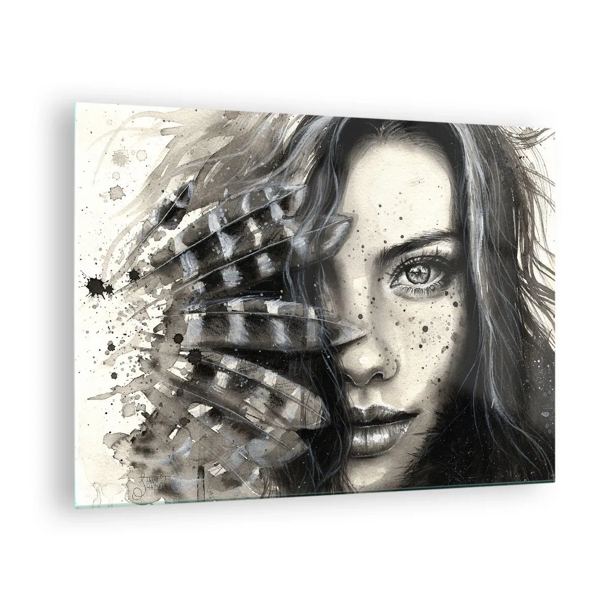 Glasbild - Bild auf glas - Porträt einer Frau mit Federn und abstrakten Details - 70x50cm - Wilde Schönheit - Moderne Wanddekoration für Wohnzimmer und Schlafzimmer ARTTOR