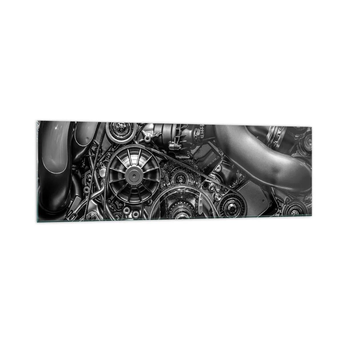Glasbild - Bild auf glas - Schwarz-Weiß-Nahaufnahme der mechanischen Details eines Automotors. - 160x50cm - Die Poesie der Mechanik - Moderne Wanddekoration für Wohnzimmer und Schlafzimmer ARTTOR