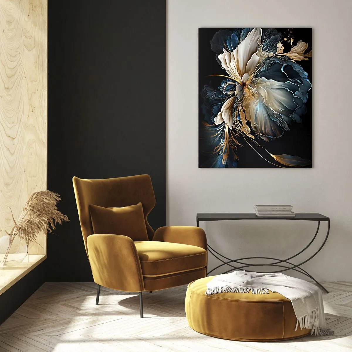 Glasbild - Bild auf glas - Eine ausgefallene Blume in Gold-, Marineblau- und Beigetönen auf Schwarz - 50x70cm - Märchenhafte Farnblume - Moderne Wanddekoration für Wohnzimmer und Schlafzimmer ARTTOR