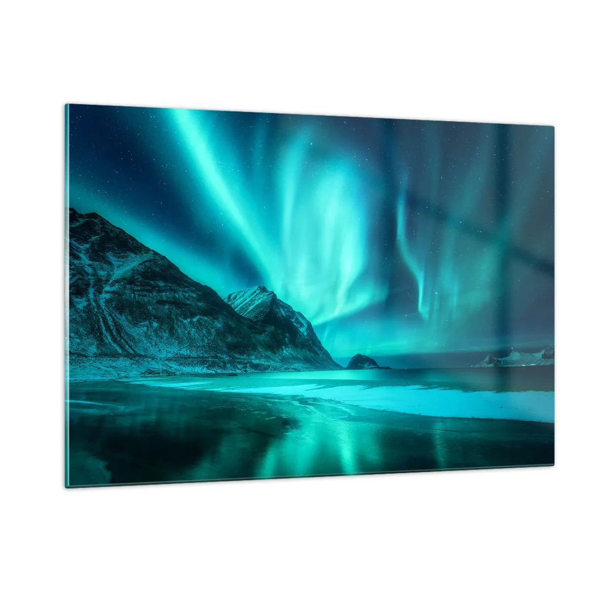 Glasbild - Bild auf glas - Aurora Borealis über einer Berglandschaft und einem gefrorenen Meer - 120x80cm - Wunder des Nordens - Moderne Wanddekoration für Wohnzimmer und Schlafzimmer ARTTOR