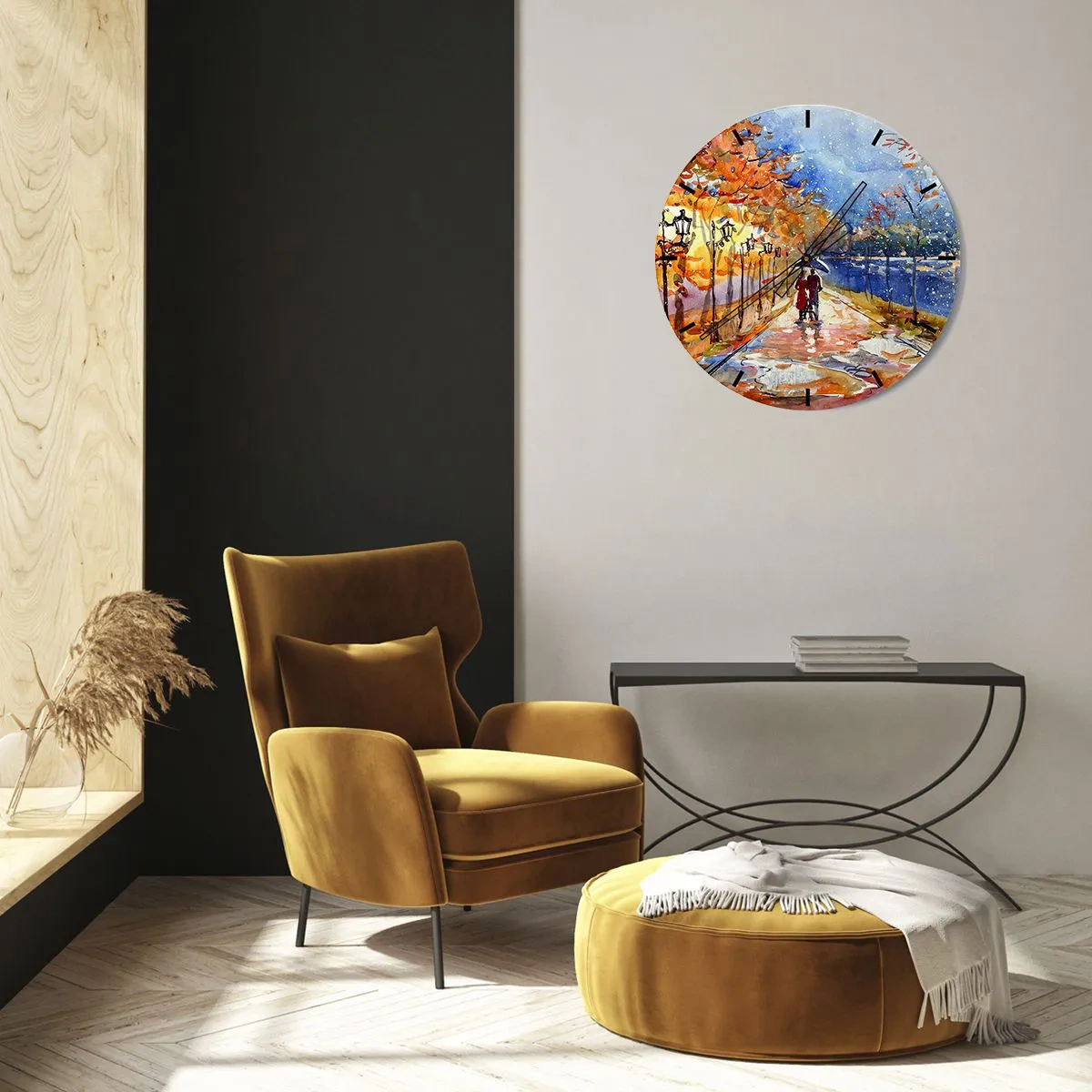 Wanduhr - Glasuhr - Herbstpark mit einer Gasse, Laternen und einem Paar, das spazieren geht - 30x30cm - Gemeinsam bis an die Grenze der Zeit - Moderne Wanddekoration für Wohnzimmer, Küche und Schlafzimmer ARTTOR