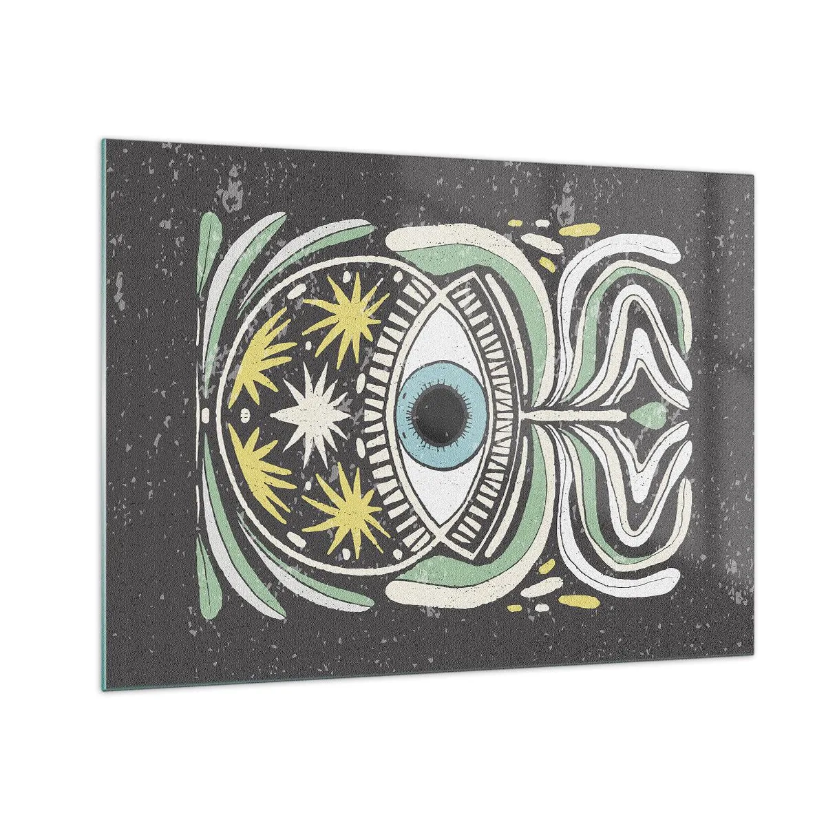 Glasbild - Bild auf glas - Grafisches Auge mit Stammesornamentik auf dunklem Hintergrund - 70x50cm - Stammesrituale - Moderne Wanddekoration für Wohnzimmer und Schlafzimmer ARTTOR