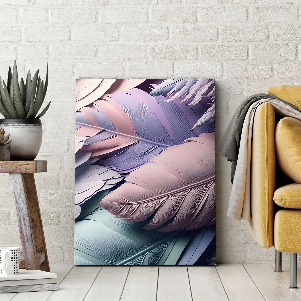 Bild auf Leinwand - Leinwandbild - Bunte Federn in Pastelltönen auf hellem Hintergrund - 80x120cm - Vogel-Chic - Moderne Wanddekoration für Wohnzimmer und Schlafzimmer ARTTOR