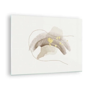 Glasbild - Bild auf glas - Beige und goldene Abstraktion mit zarten Linien und Formen - 70x50cm - Im Weltraum begegnet - Moderne Wanddekoration für Wohnzimmer und Schlafzimmer ARTTOR