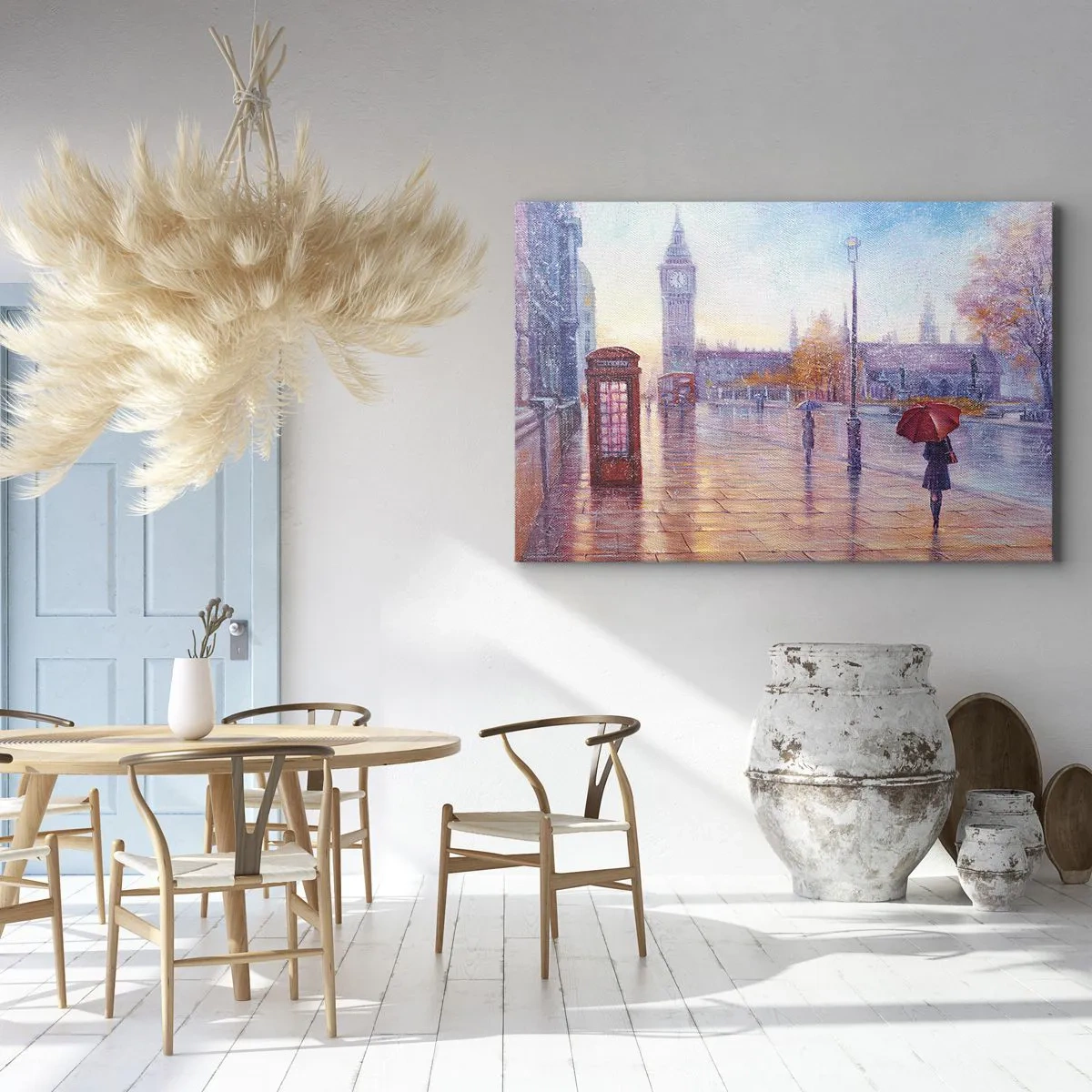 Bild auf Leinwand - Leinwandbild - Londoner Straße mit Big Ben an einem regnerischen Tag - 120x80cm - Londoner Herbsttag - Moderne Wanddekoration für Wohnzimmer und Schlafzimmer ARTTOR