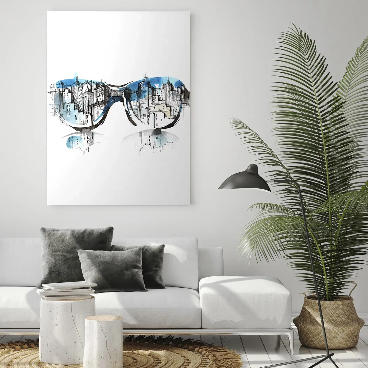 Glasbild - Bild auf glas - Das Stadtpanorama spiegelt sich in der Sonnenbrille - 50x70cm - Großstadt-Chic - Moderne Wanddekoration für Wohnzimmer und Schlafzimmer ARTTOR