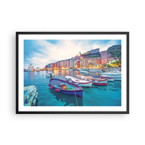 Poster in einem schwarzem Rahmen - Eine bunte Stadt am Wasser mit Booten im Hafen - 70x50cm - Bunter Abend im Hafen - Moderne Wanddekoration für Wohnzimmer und Schlafzimmer ARTTOR