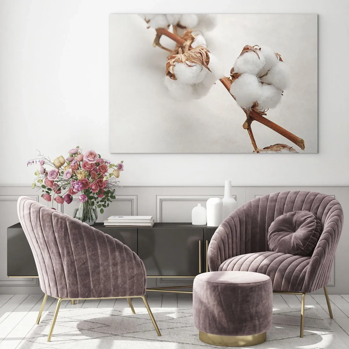 Glasbild - Bild auf glas - Nahaufnahme eines Baumwollzweigs vor hellem Hintergrund - 100x70cm - Nur umarmen - Moderne Wanddekoration für Wohnzimmer und Schlafzimmer ARTTOR