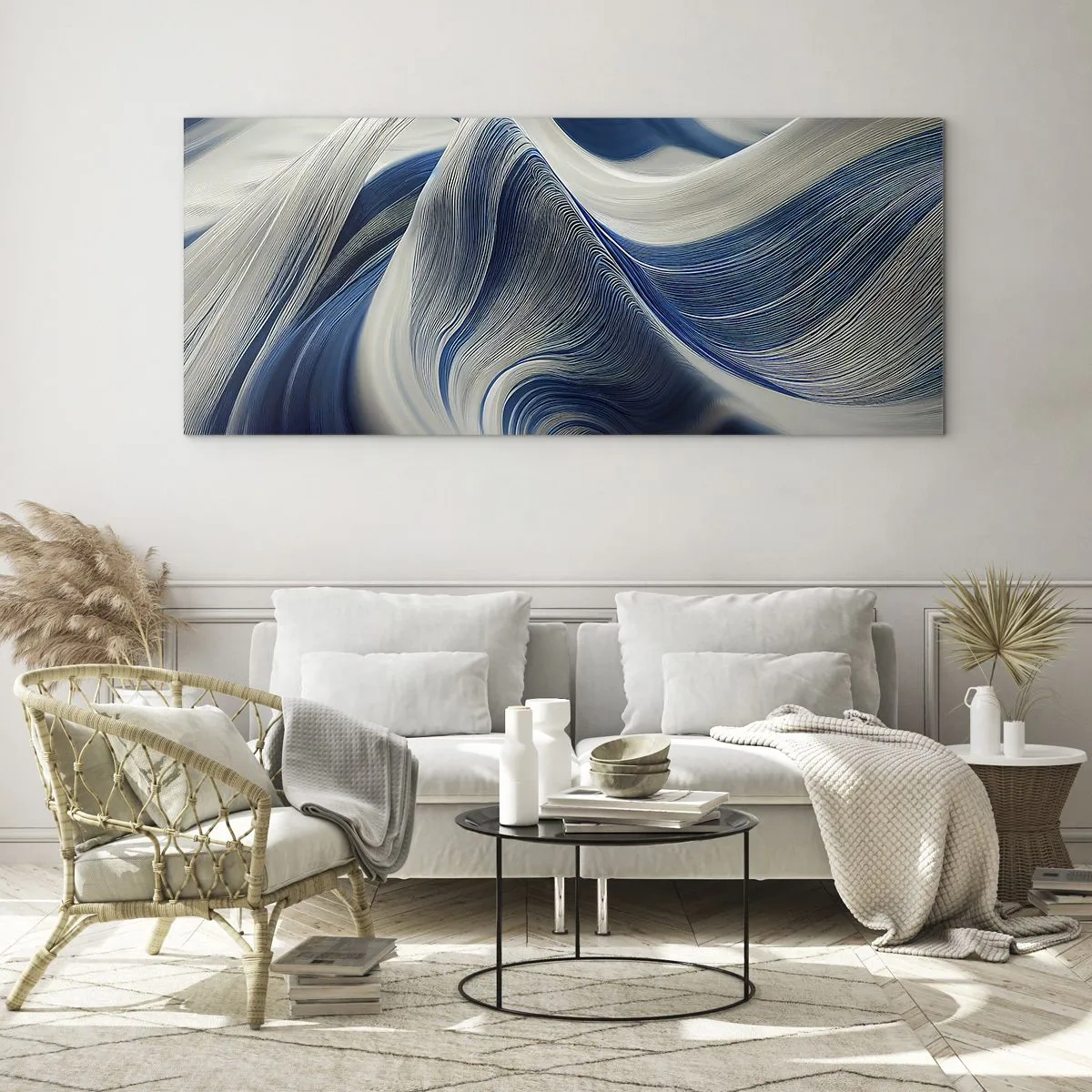 Glasbild - Bild auf glas - Abstrakte Wellen in Blau- und Weißtönen - 140x50cm - Fließfähigkeit von Blau und Weiß - Moderne Wanddekoration für Wohnzimmer und Schlafzimmer ARTTOR