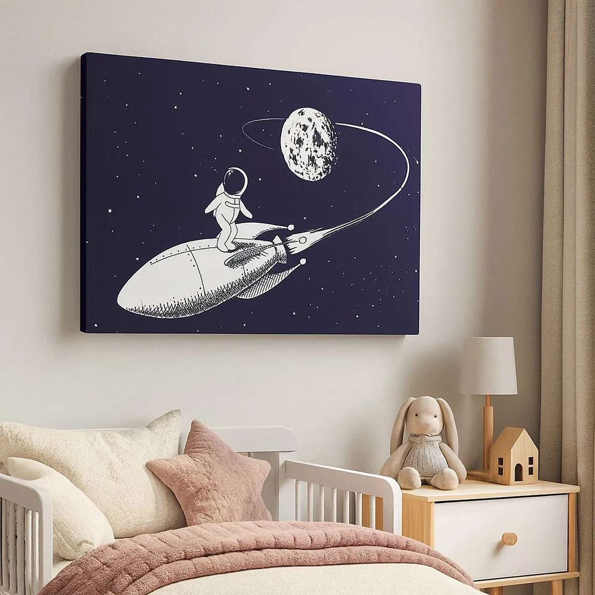Bild auf Leinwand - Leinwandbild - Astronaut auf einer Rakete im Weltraum - 70x50cm - Weltraumsurfer - Moderne Wanddekoration für Wohnzimmer und Schlafzimmer ARTTOR